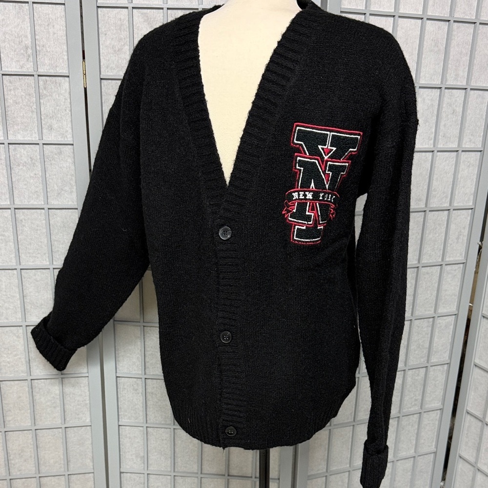 H&M Divided Men’s Black Embroidered Letterman-Style Cardigan Sweater, Size Small
